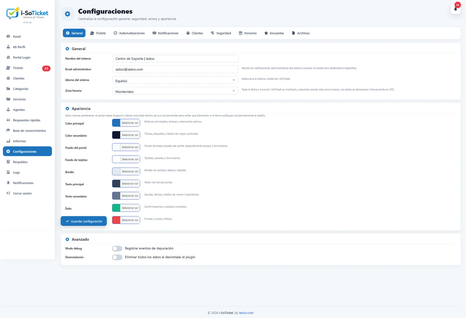 Configuración general del sistema de tickets