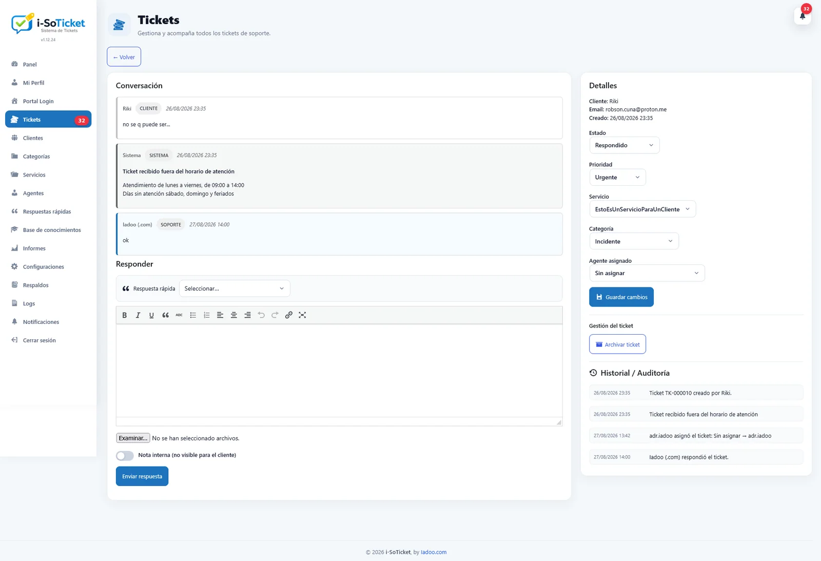 Conversación interna de un ticket de soporte
