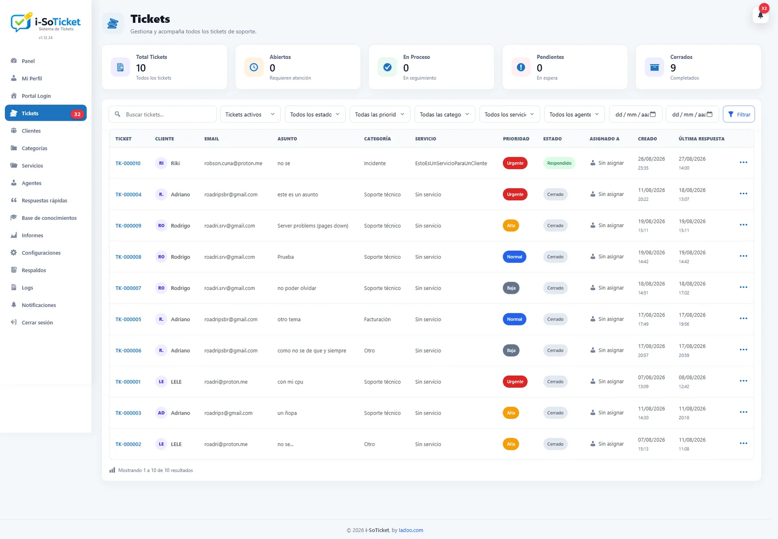Listado real de tickets con estados y prioridades